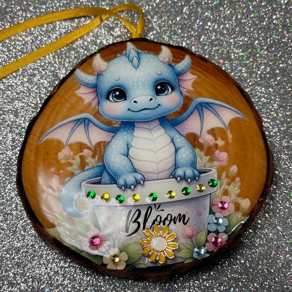 Hand Crafted Blue Dragon Ornament with Yellow Ribbon - Picture 5 of 11